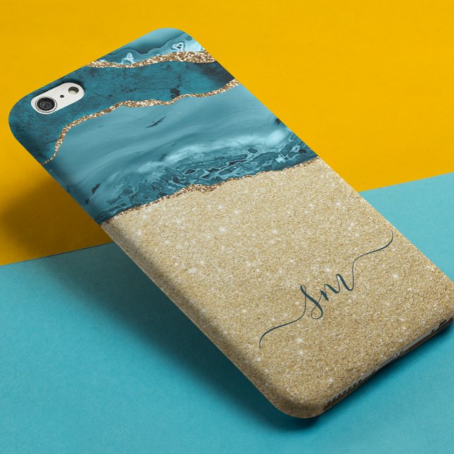 Teal Blue Agate Monogram Script Stone Gold  Case-Mate iPhone Case (Creator Uploaded)