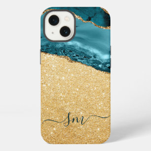 Teal Blue Agate Monogram Script Stone Gold iPhone 13 Case