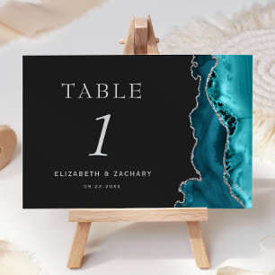 Teal Blue Agate Silver Dark Wedding Table Number