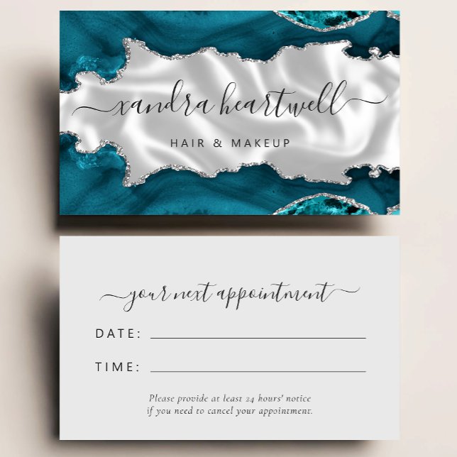 Teal Blue Agate Silver Glitter Stylist Appointment Business Card (Creator Uploaded)