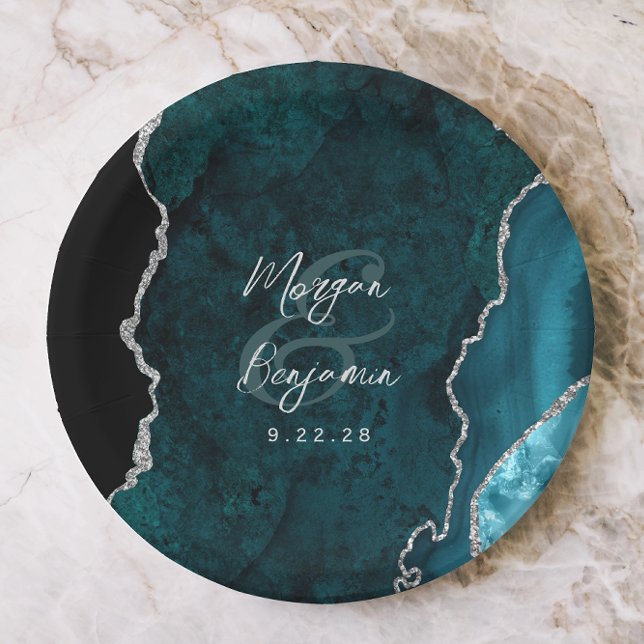 Teal Blue Agate Silver Script Wedding Paper Plate (Creator Uploaded)