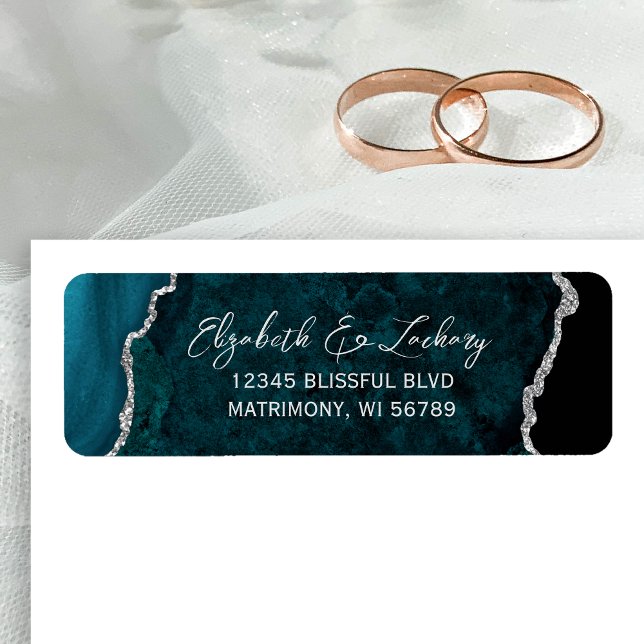 Teal Blue Agate Silver Wedding Return Address Label (Creator Uploaded)