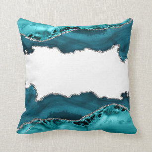 Teal Blue Agate Stone Silver  Cushion