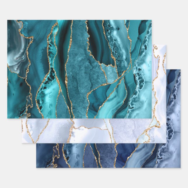teal blue agate wrapping paper sheets (Set)