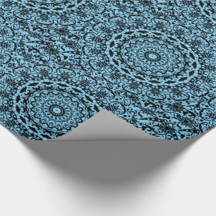Teal Blue And Black Circular Floral Damask Design Wrapping Paper