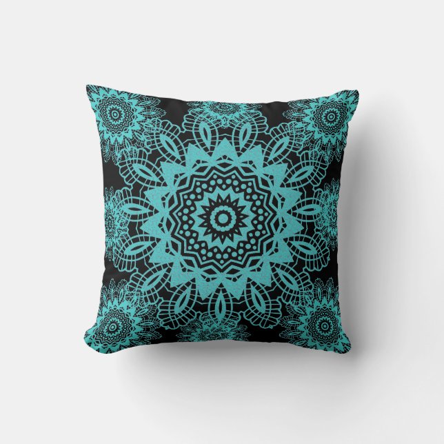 Teal Blue and Black Doily Lace Snowflake Mandala Cushion (Front)