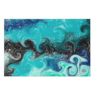 Teal, Blue and Black Fluid Art Marble Swirls  Faux Canvas Print