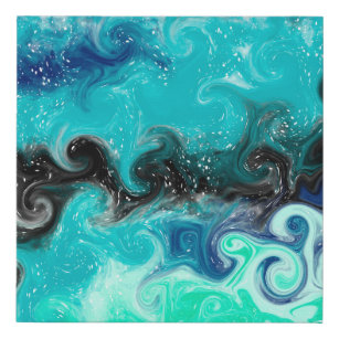 Teal, Blue and Black Fluid Art Marble Swirls Faux Canvas Print