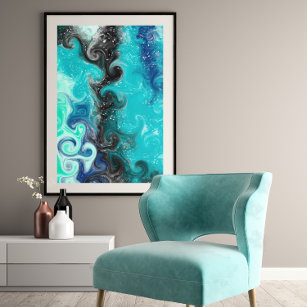 Teal, Blue and Black Fluid Art Marble Swirls   Poster