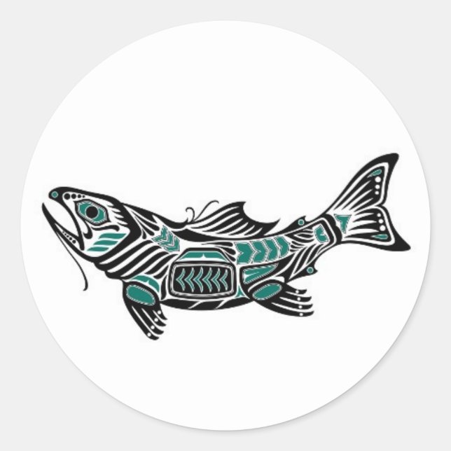 Teal Blue and Black Haida Spirit Fish Classic Round Sticker (Front)
