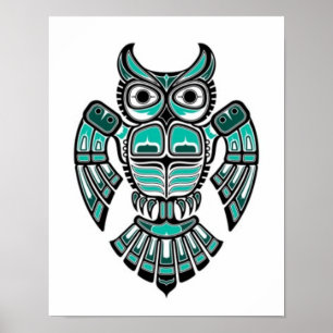 Teal Blue and Black Haida Spirit Owl Poster