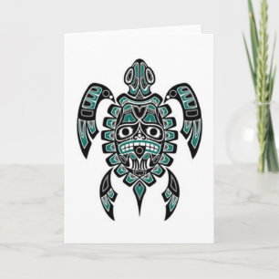 Teal Blue and Black Haida Spirit Sea Turtle Card