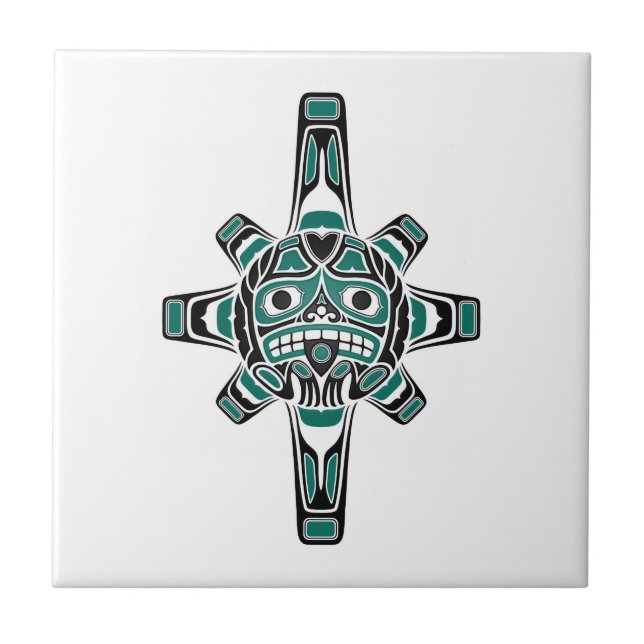 Teal Blue and Black Haida Sun Mask on White Ceramic Tile (Front)
