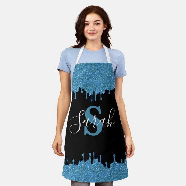 Teal Blue and Black Monogram Glitter Drips Apron (Worn)