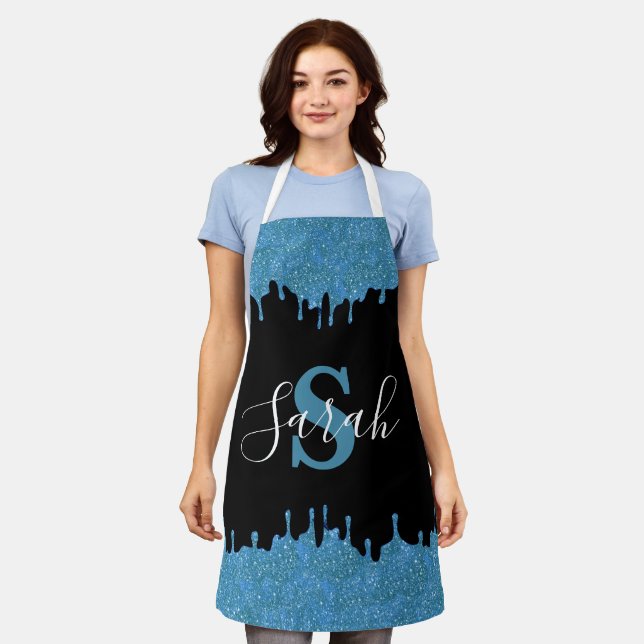 Teal Blue and Black Monogram Glitter Drips Apron (Worn)