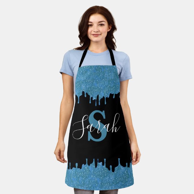 Teal Blue and Black Monogram Glitter Drips Apron (Worn)