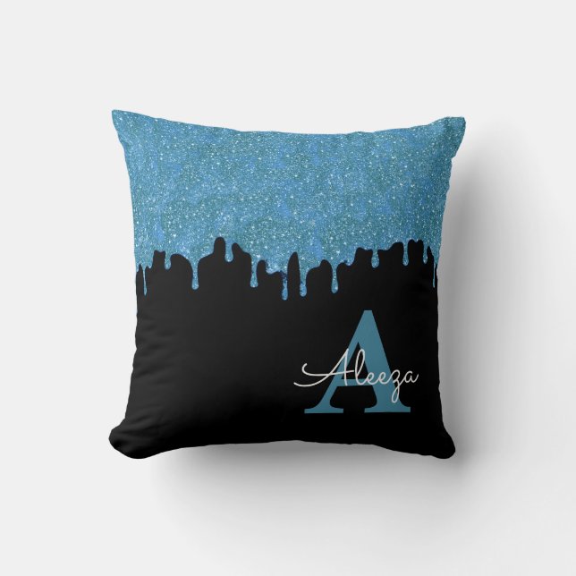 Teal Blue and Black Monogram Glitter Drips Cushion (Front)