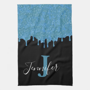 Teal Blue and Black Monogram Glitter Drips Tea Towel