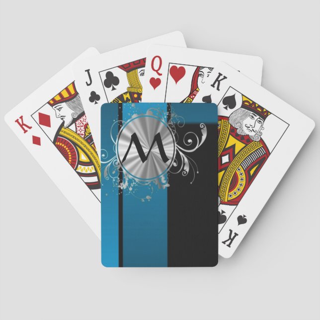 Teal blue and black monogram playing cards (Back)