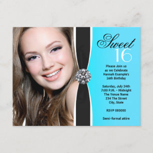Teal Blue and Black Photo Birthday Party Invitation
