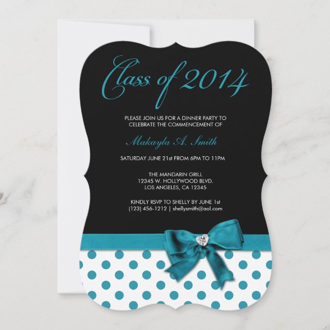 Teal Blue and Black with Polka-Dots Class of 2014 Invitation (Front)