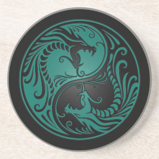 Teal Blue and Black Yin Yang Dragons Coaster