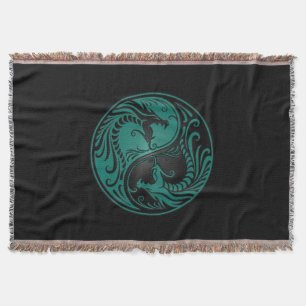 Teal Blue and Black Yin Yang Dragons Throw Blanket