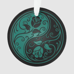 Teal Blue and Black Yin Yang Roses Ornament