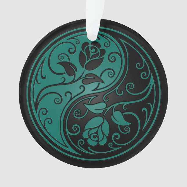 Teal Blue and Black Yin Yang Roses Ornament (Front)