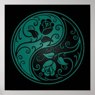 Teal Blue and Black Yin Yang Roses Poster