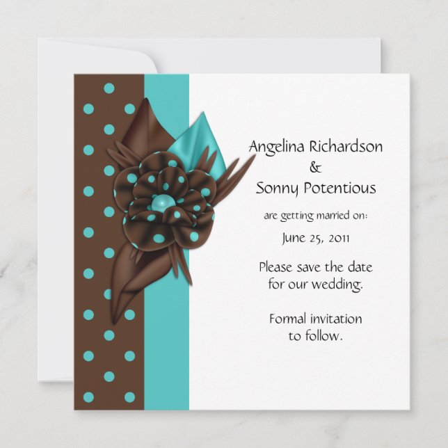 Teal Blue and Brown Polka Dots Save The Date (Front)