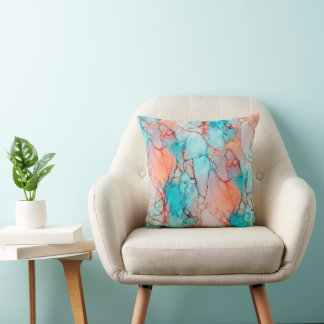 Teal Blue and Coral Orange Fluid Marble Cushion