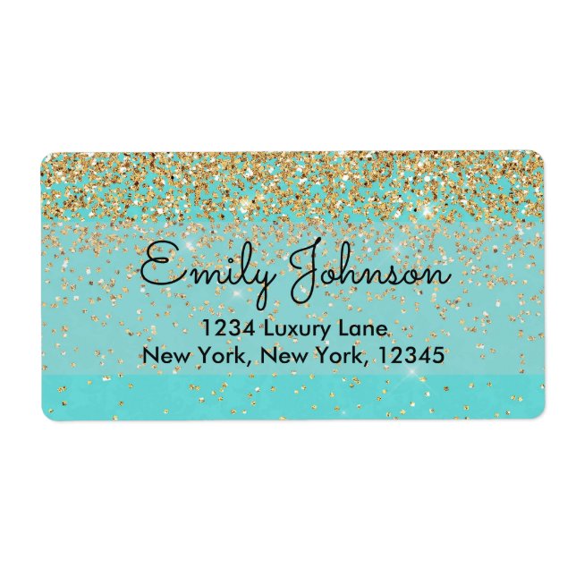 Teal Blue and Faux Glitter Sparkle Address Label (Front)