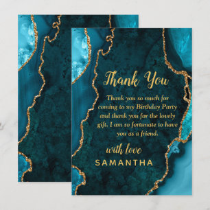 Teal Blue and Gold Agate Birthday Party Thank You Card