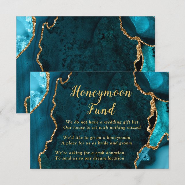 Teal Blue and Gold Agate Honeymoon Fund Enclosure Card (Front/Back)