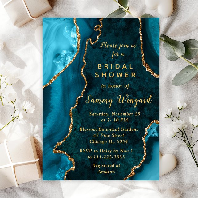 Teal Blue and Gold Agate Marble Bridal Shower Invitation (Creator Uploaded)