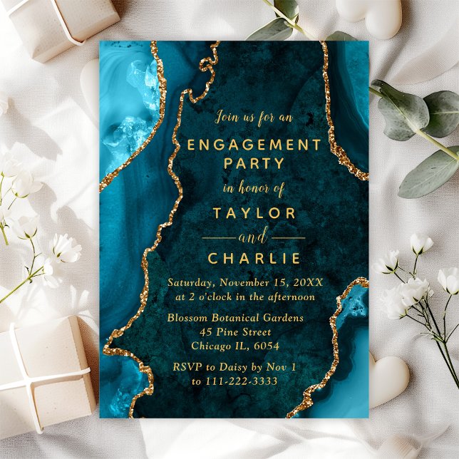 Teal Blue and Gold Agate Marble Engagement Party Invitation (Creator Uploaded)