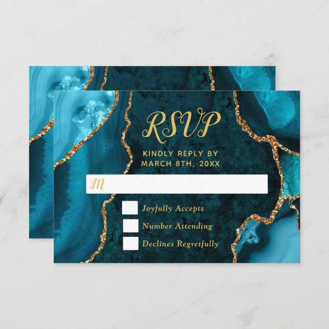 Teal Blue and Gold Agate Marble RSVP Card (Front/Back)