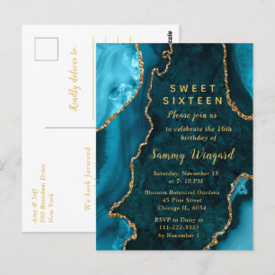 Teal Blue and Gold Agate Marble Sweet Sixteen Postcard