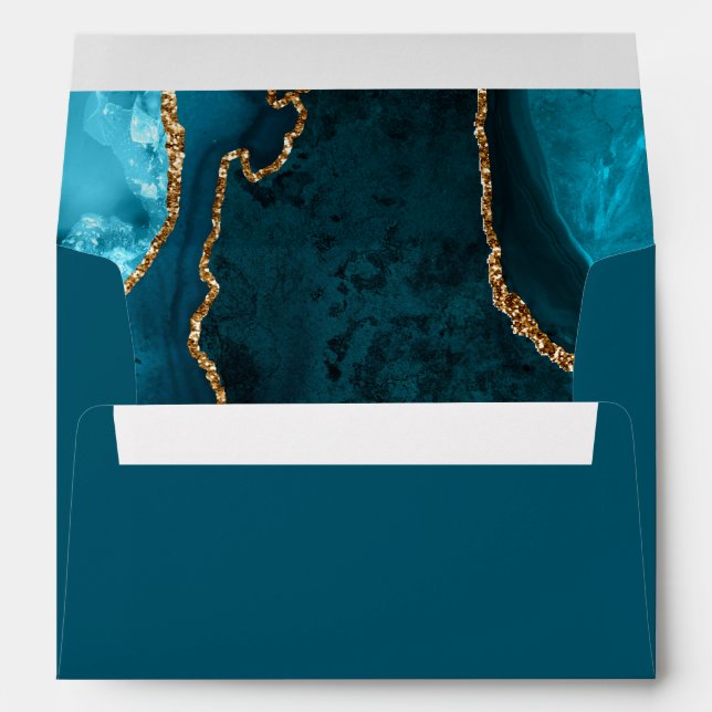 Teal Blue and Gold Agate Marble Wedding Envelope (Back (Bottom))