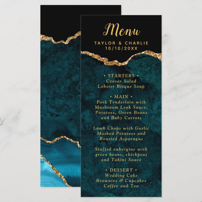 Teal Blue and Gold Agate Marble Wedding Menu (Front/Back)