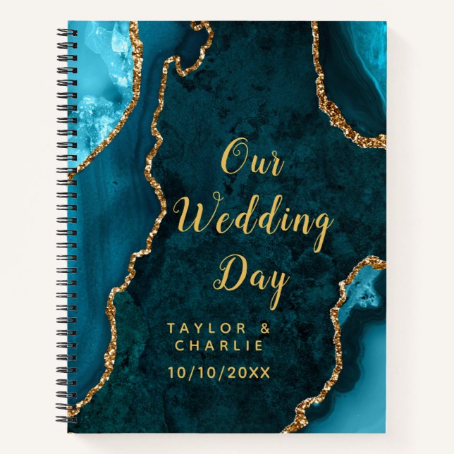 Teal Blue and Gold Agate Marble Wedding Notebook (Front)