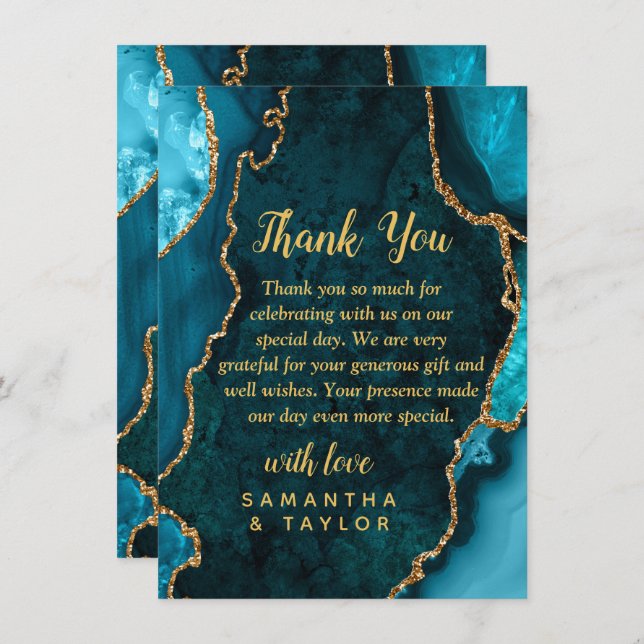 Teal Blue and Gold Agate Marble Wedding Thank You Card (Front/Back)