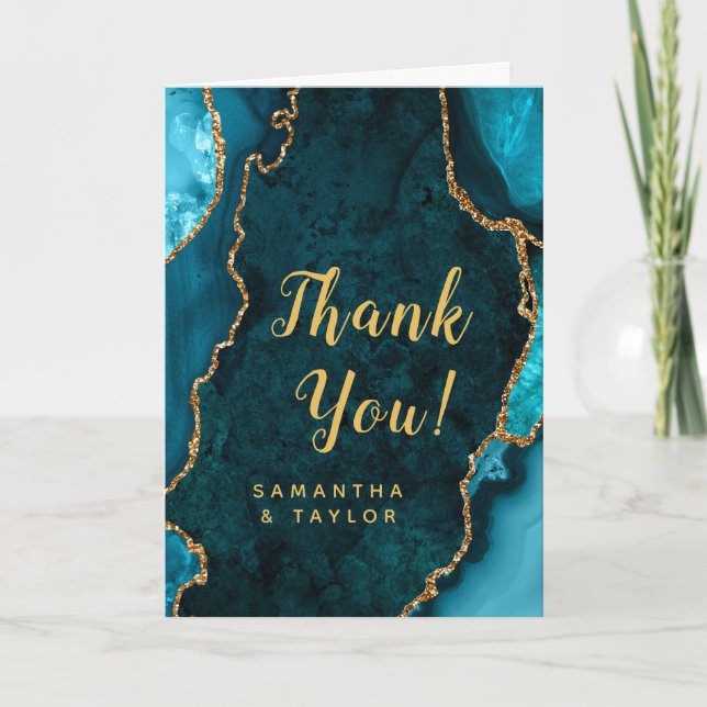 Teal Blue and Gold Agate Marble Wedding Thank You Card (Front)