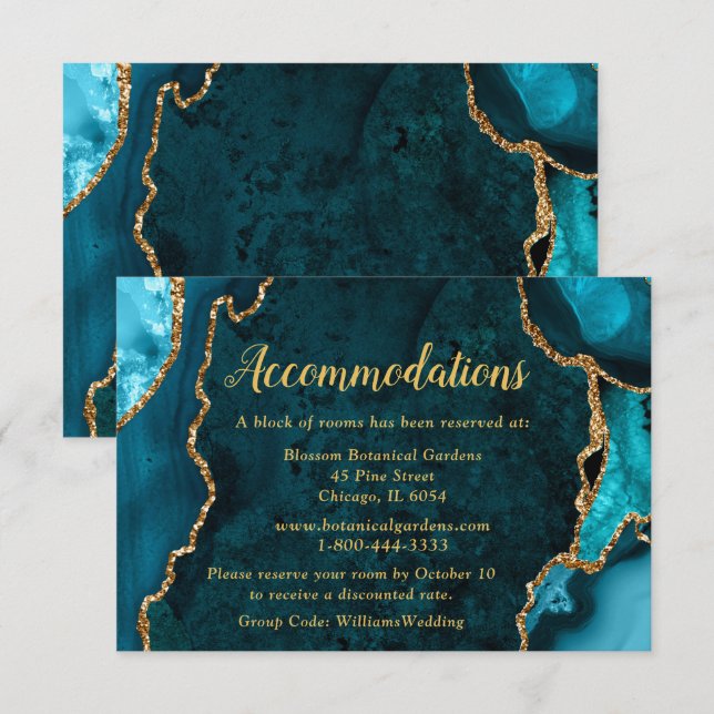 Teal Blue and Gold Agate Wedding Accommodations Enclosure Card (Front/Back)