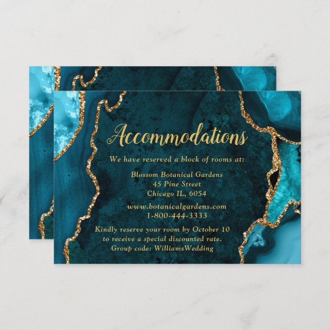 Teal Blue and Gold Agate Wedding Accommodations Enclosure Card (Front/Back)