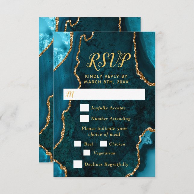 Teal Blue and Gold Agate Wedding Meal Choice RSVP Card (Front/Back)