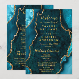 Teal Blue and Gold Agate Wedding Program