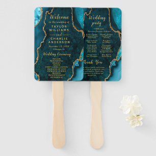 Teal Blue and Gold Agate Wedding Program Hand Fan
