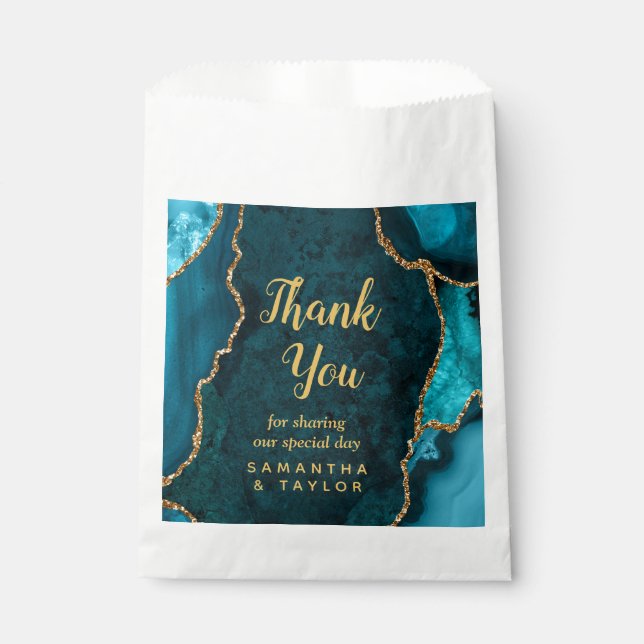 Teal Blue and Gold Agate Wedding Thank You Favour Bag (Front)